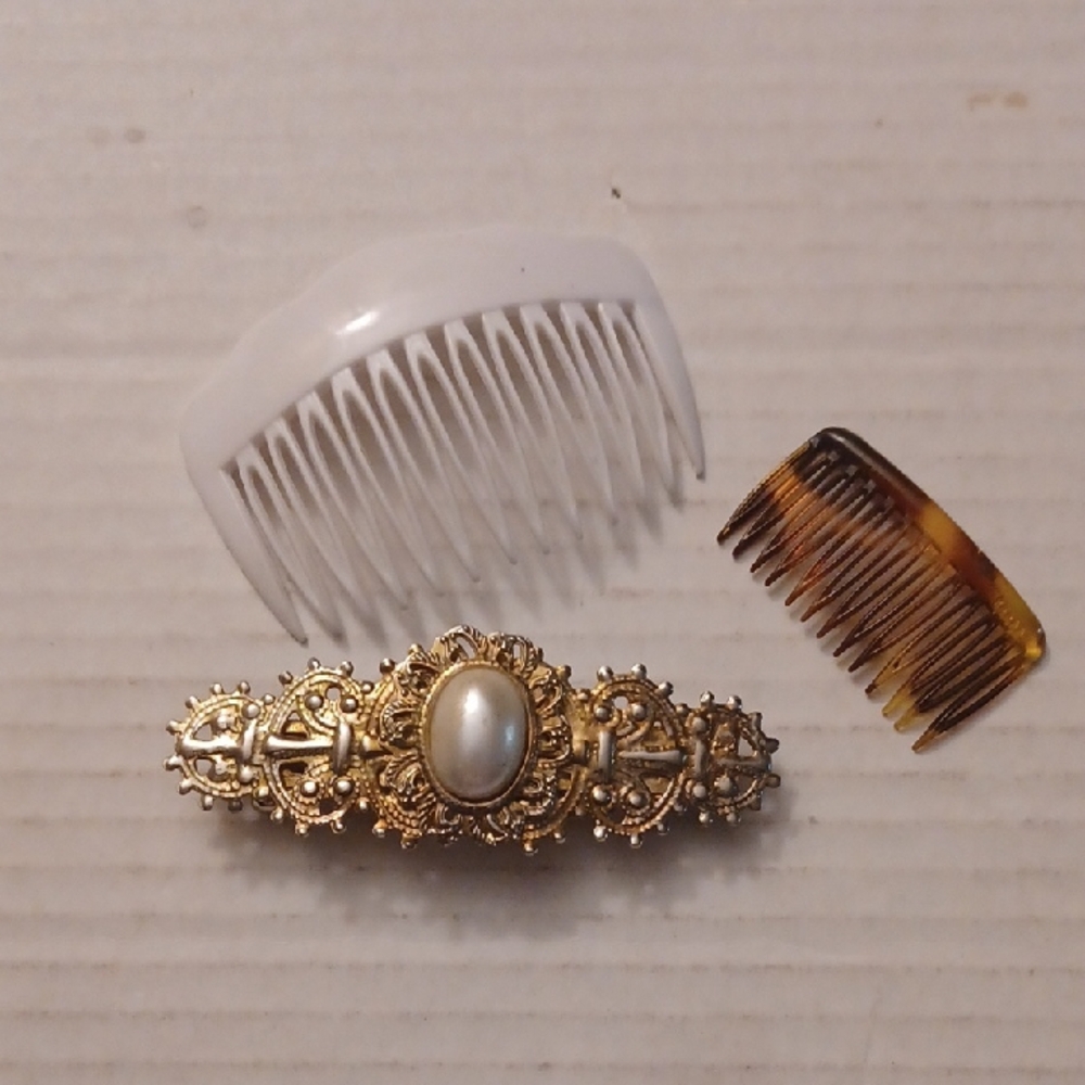 $4 Add-on Elegant Gold and White Hair Clip & Combs - Set Of 3 Items